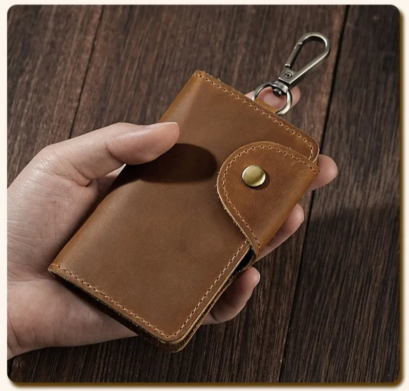 Crazy Horse Leather Key Wallet – Vintage Key Organizer with Card Slots & Snap Closure