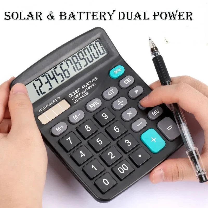 12-Digit Solar Desktop Calculator - Large LCD Display Dual Power