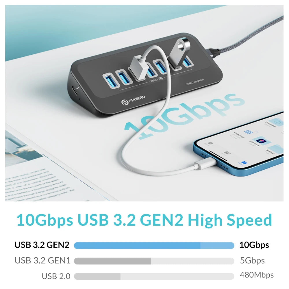 PHIXERO USB 3.2 10Gbps 7-Port Powered Docking Station Hub