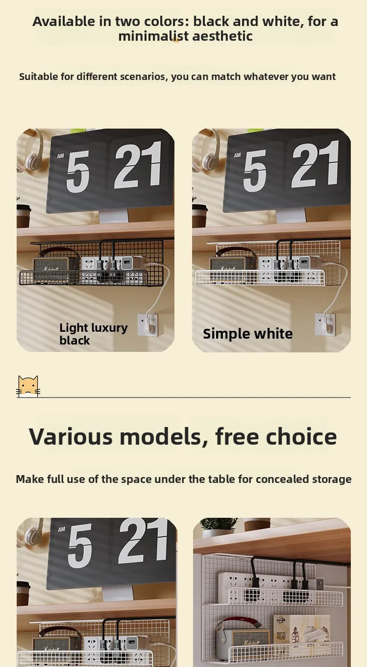Under-Desk Steel Cable Management Tray - Punch-Free Wire Storage