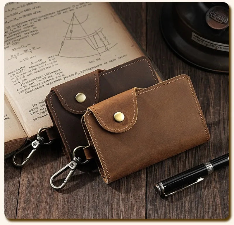 Crazy Horse Leather Key Wallet – Vintage Key Organizer with Card Slots & Snap Closure