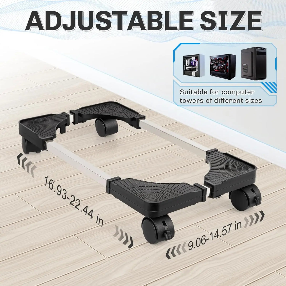 Adjustable Mobile PC Tower CPU Stand with Wheels - Rolling Under-Desk Holder
